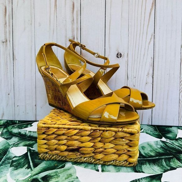 CHRISTIAN DIOR Buff Patent Leather Wedge Sandal - Picture 1 of 16